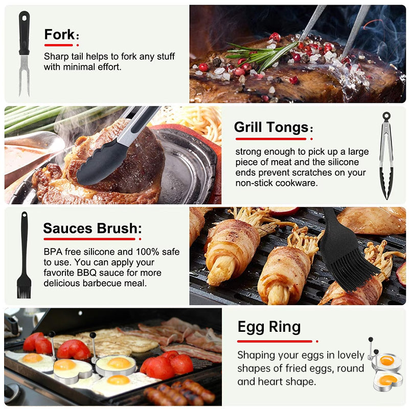 Eprolo 29-piece BBQ set with stainless steel grill tools, spatula, burger press, perfect for outdoor grilling and barbecues