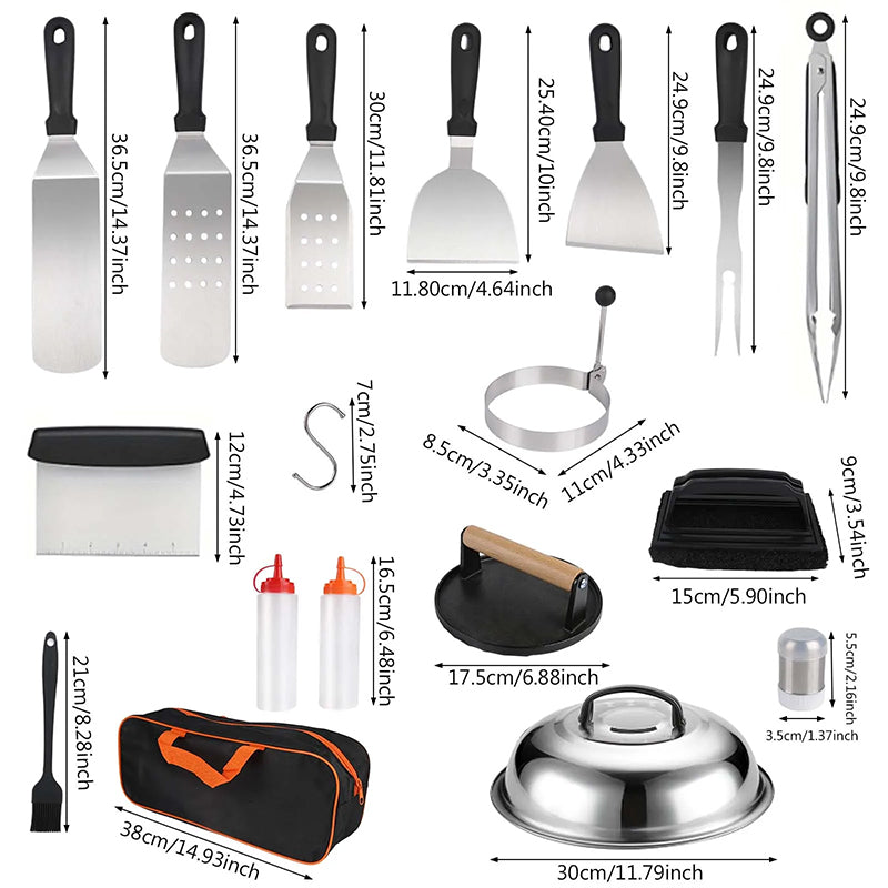 Eprolo 29-piece BBQ set with stainless steel grill tools, spatula, and burger press for outdoor grilling.