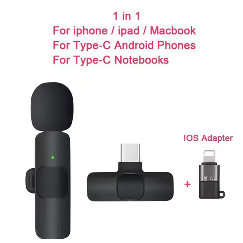 Wireless lavalier microphone by eprolo for live broadcasting, shown clipped onto clothing with transmitter and receiver.