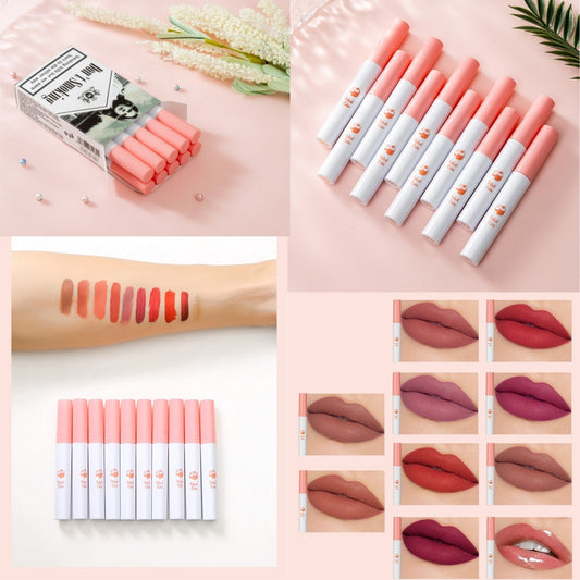 Set of 10 matte liquid lipsticks and lip glosses from eprolo, featuring velvet finishes and non-stick cup design for European makeup style.