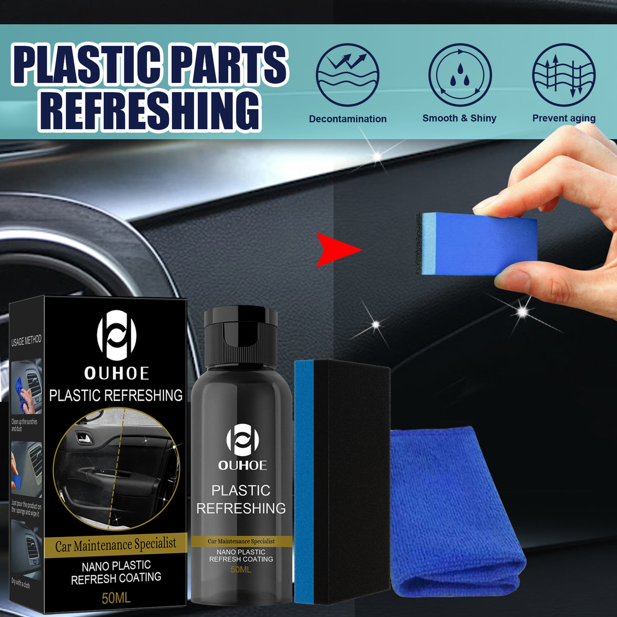 eprolo OUHOE car plastic dashboard refurbisher 30ml box for dust-proof repair, interior cleaning, polishing, and plastic whitening maintenance