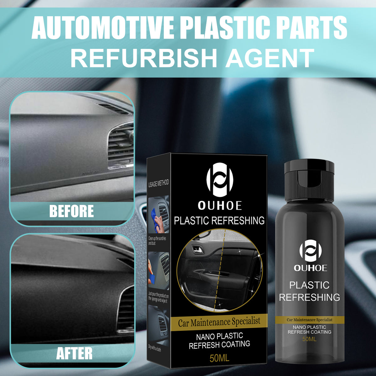 eprolo OUHOE Car plastic dashboard refurbisher 30ml box for dust-proof repair, cleaning, polishing, and whitening of vehicle interior plastic surfaces