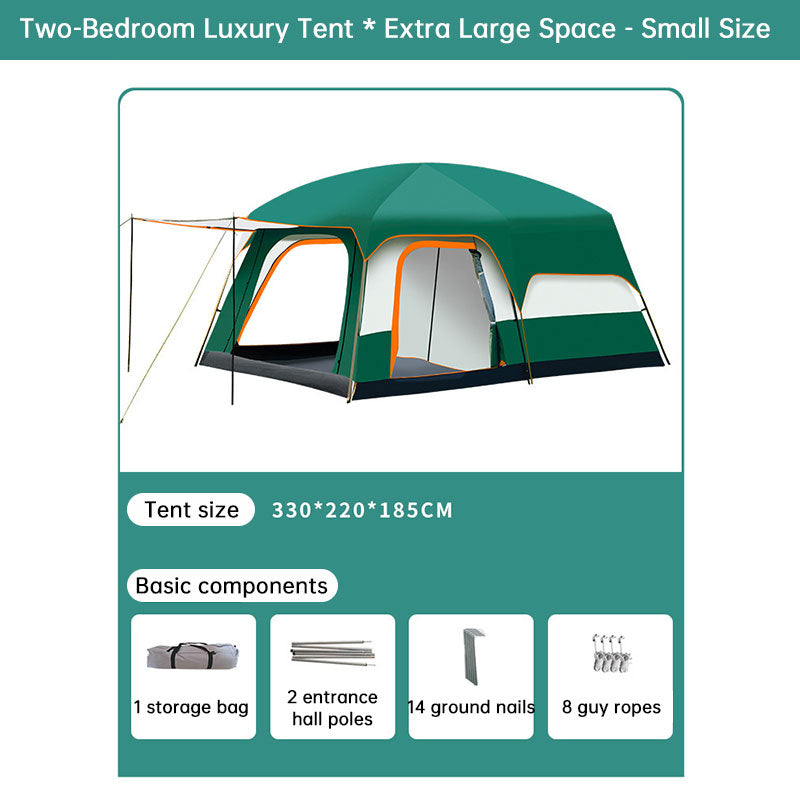 Eprolo double-layer family camping tent for 3-12 people, waterproof and UV resistant, set up outdoors for hiking and camping adventures.