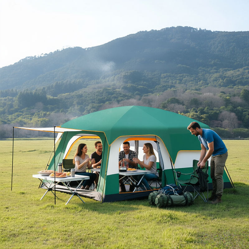 Eprolo 3-12 person double-layer family camping tent with two bedrooms, waterproof and UV resistant for outdoor hiking and camping.