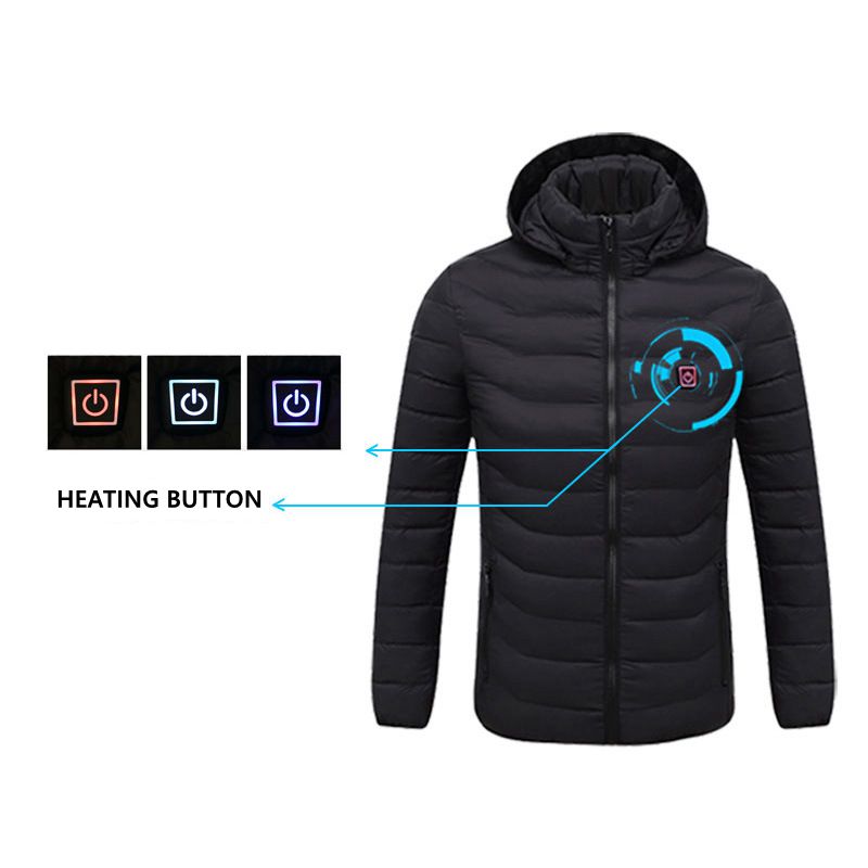 Men's eprolo winter heated jacket with hood, waterproof, USB-powered smart thermostat, pure color, warm and stylish outdoor clothing.