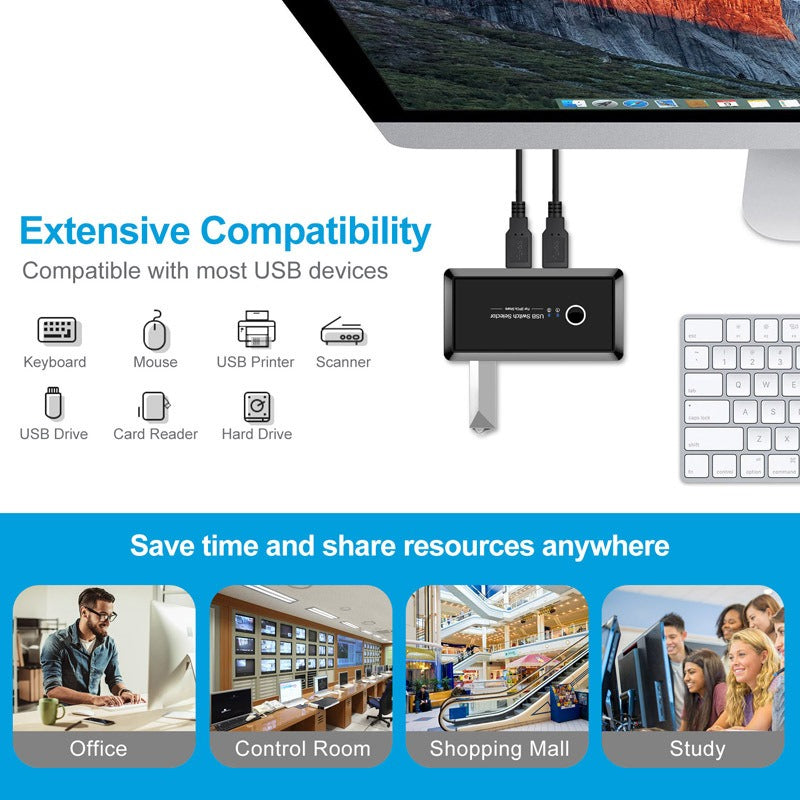 eprolo USB 3.0 printer sharer with 4-port multi-interface switcher for two computers, USB splitters and connectors.