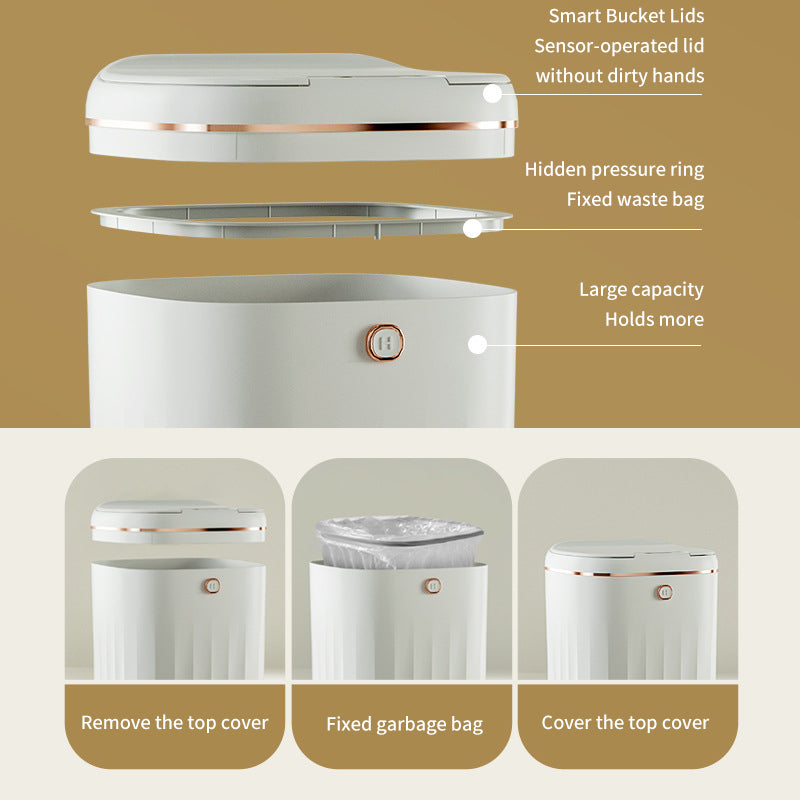 Xiaomi white luxury sensor garbage can with touchless lid open, silent slow drop, ideal for kitchen or living room use.