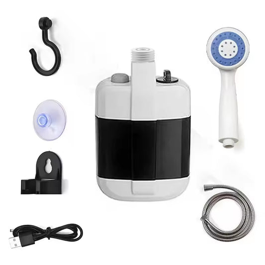 Eprolo USB rechargeable portable shower pump with hose and handle, ideal for camping, pet washing, and outdoor bathing.