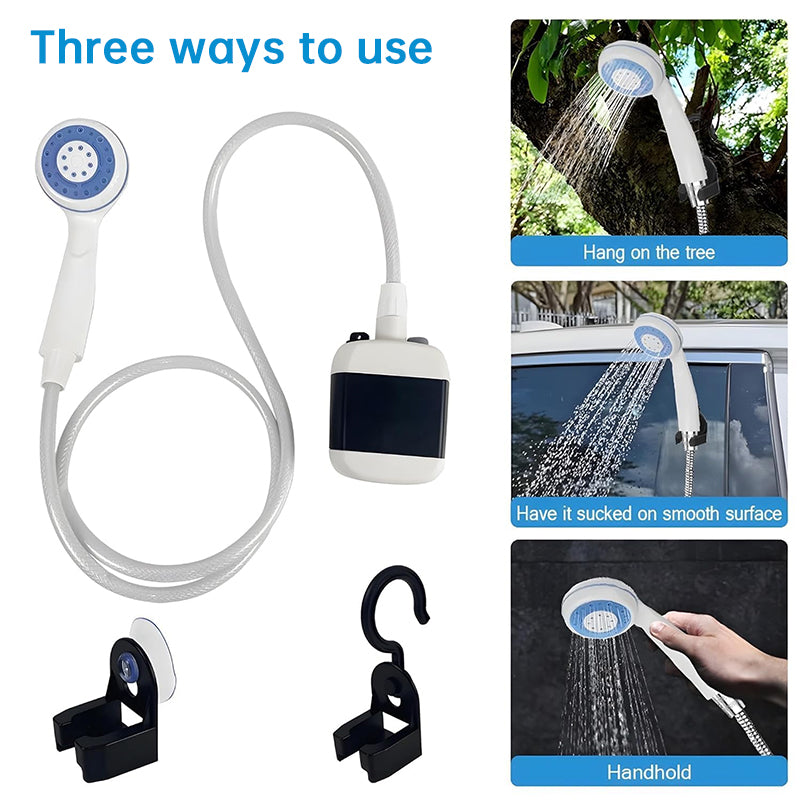 Eprolo USB rechargeable portable shower pump with hose and nozzle for camping, outdoor bathing, car wash, and pet cleaning.