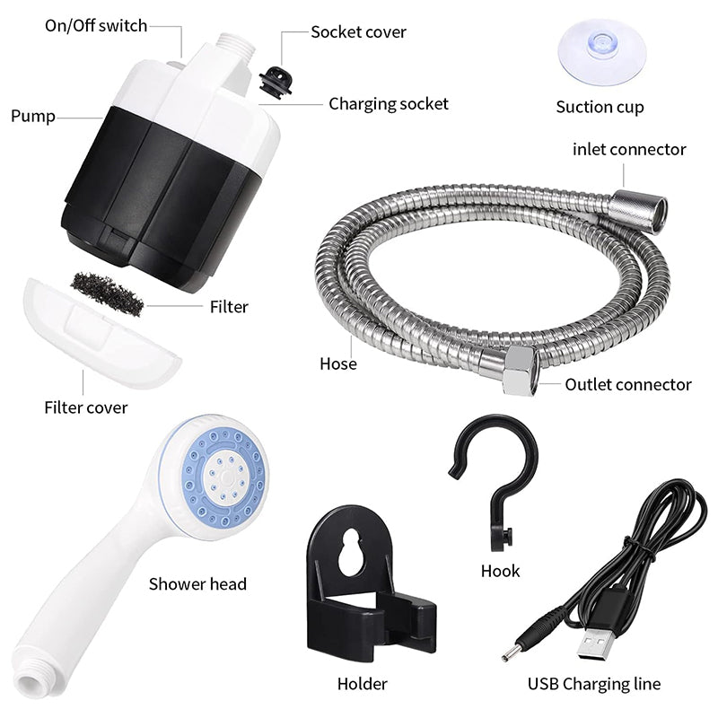 Portable USB rechargeable shower pump from eprolo, ideal for outdoor camping baths, car washing, or pet cleaning.