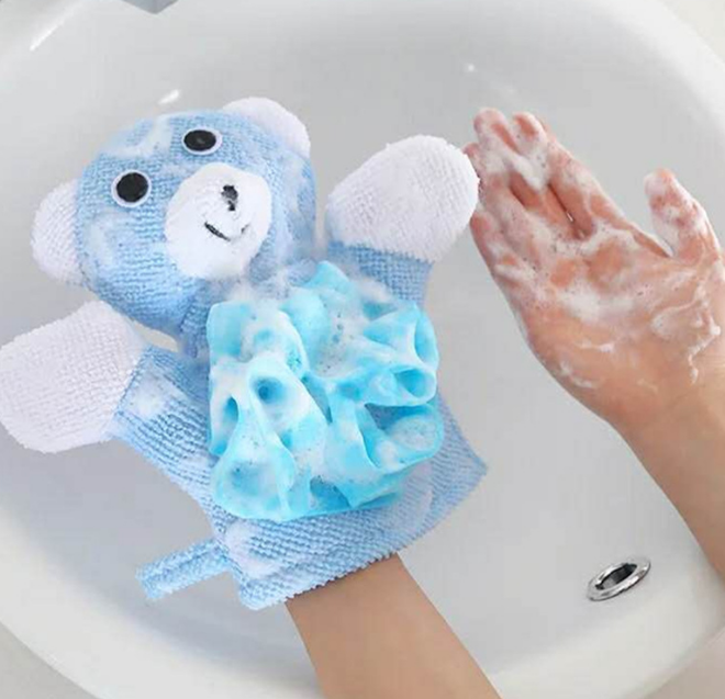 Two cute children's baby shower bath towels in animal style, available in five colors, soft and absorbent washcloths by eprolo.