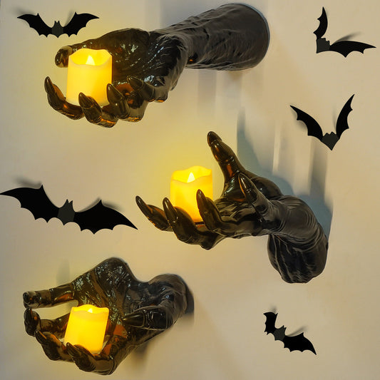 Set of 12 gothic Halloween indoor wall stickers featuring bats, spooky hands, and lit candles for spooky wall decor.