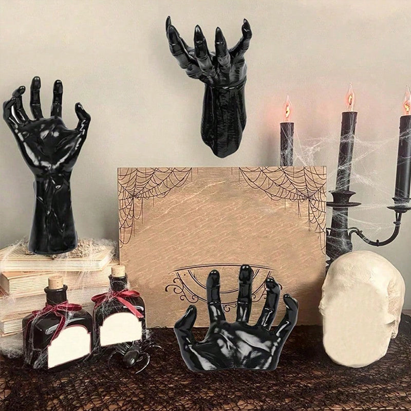 Black bat stickers and spooky hand wall hangings with lit candles for gothic Halloween indoor decor, part of a 12-pack by eprolo