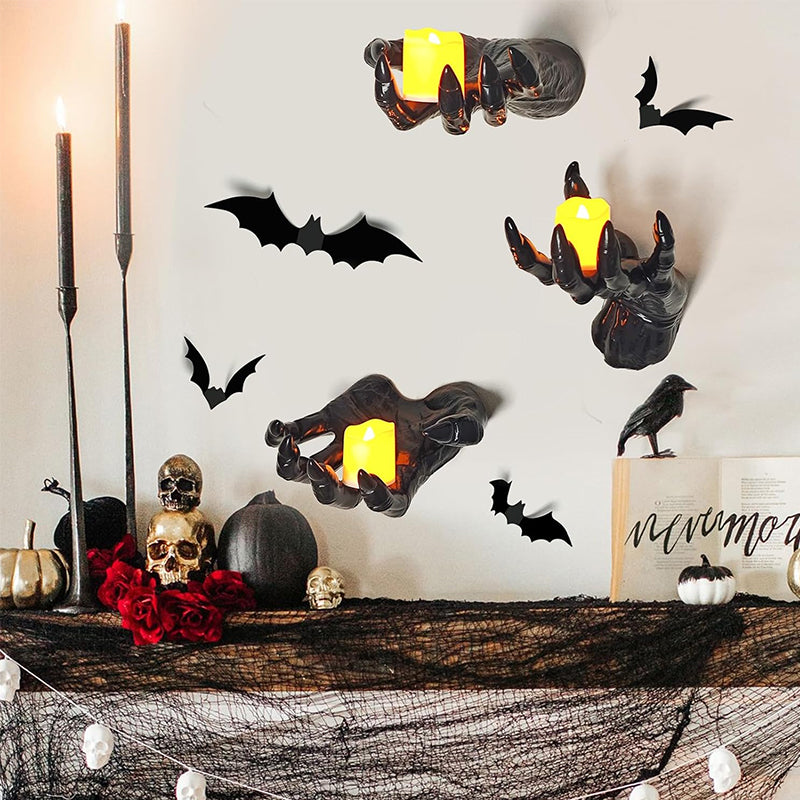 Black gothic Halloween bat sticker wall hangings with spooky hands and lit candles, ideal for indoor gothic wall decor.