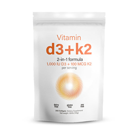 Eprolo Vitamin D3 and K2 soft capsules in a bottle, showing the supplement's softgel form and label.