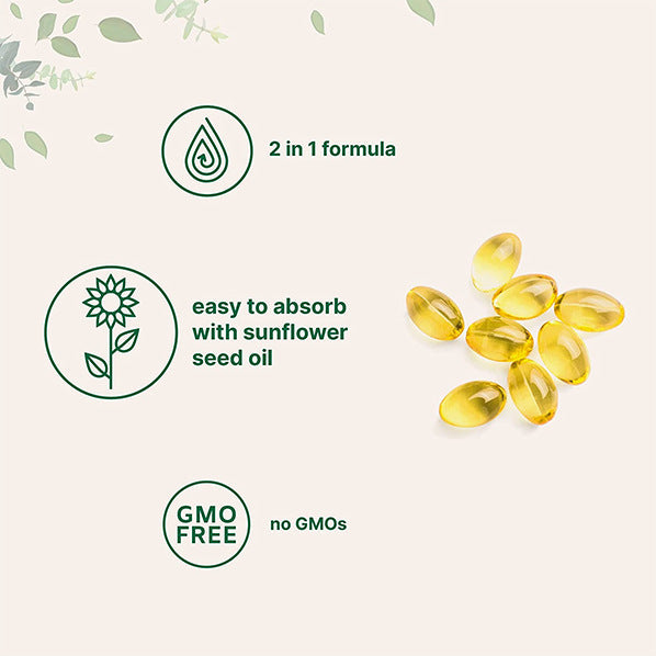 Eprolo Vitamin D3+K2 soft capsules in a clear bottle, showing the soft gel capsules inside, supplement for bone health.