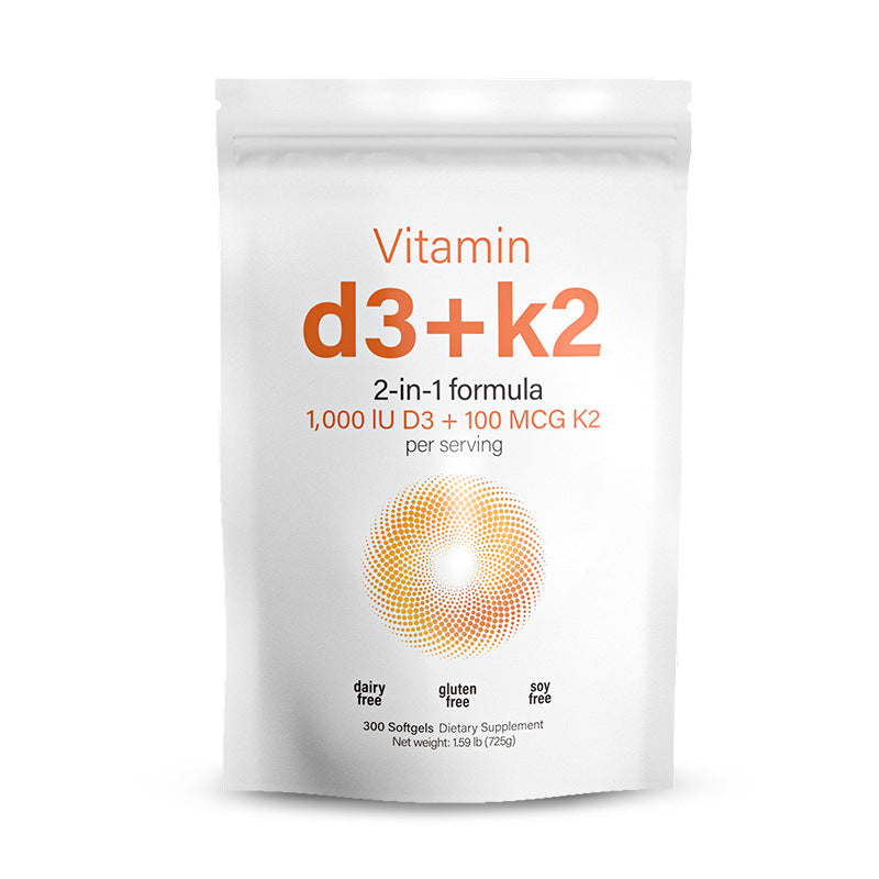 Eprolo Vitamin D3+K2 soft capsules in a white bottle, showing the supplement capsules and label.