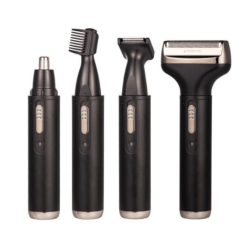 Eprolo men's 4-in-1 electric razor grooming set with nose hair trimmer, sideburns clipper, knife, and eyebrow groomer in a compact design.