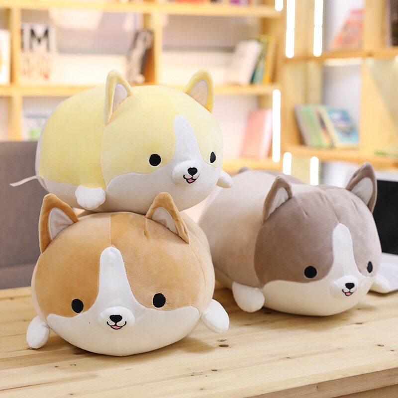 Soft plush Corgi dog pillow in 30, 45, or 60cm size, cute cartoon design, ideal as a Christmas or Valentine gift for kids.