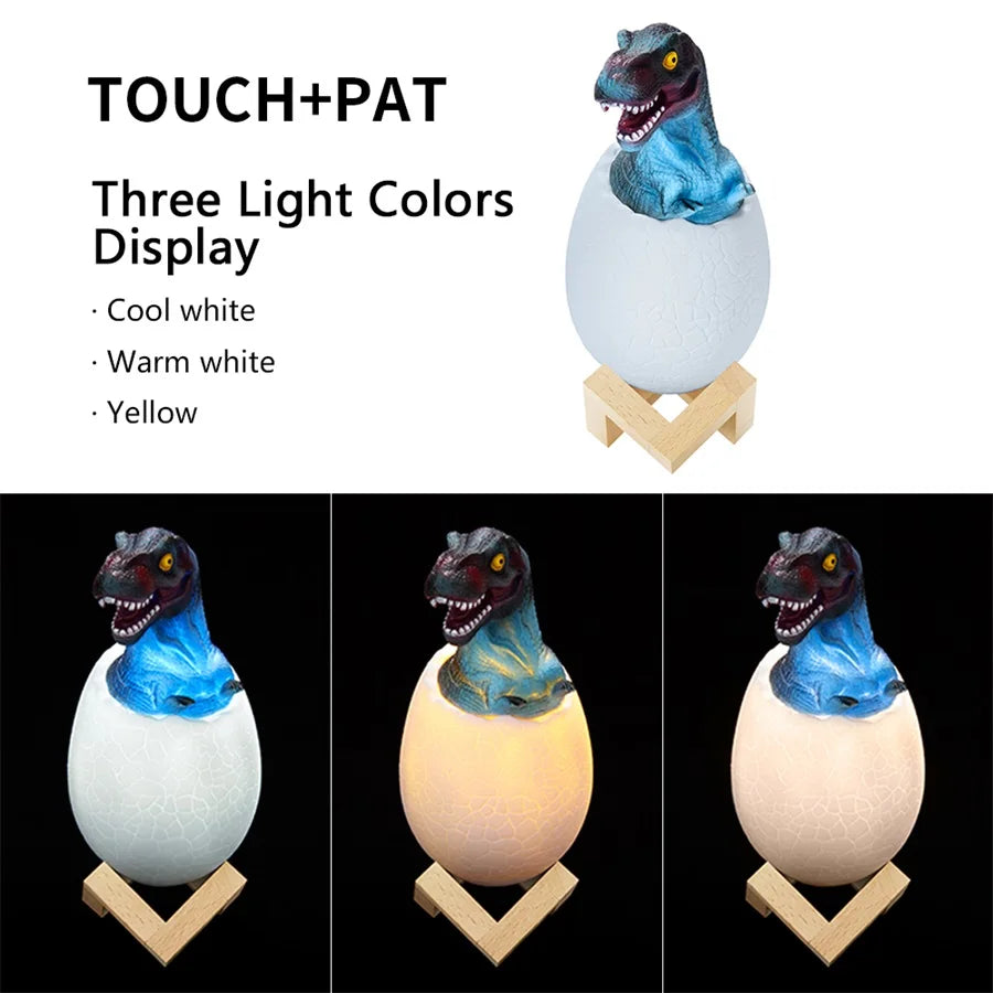 3D printed dinosaur egg LED night light by eprolo with touch sensor, remote control, 16 color options, and rechargeable bedside lamp.