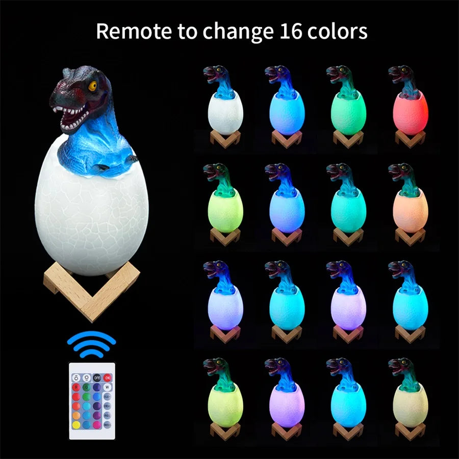 3D printed dinosaur egg LED night light by eprolo with 16 color options, remote control, rechargeable, touch sensor, and 4 modes.