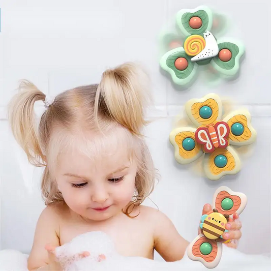 Eprolo 3-piece cartoon baby bath toy set with bee, butterfly, and snail fidget spinners featuring suction cups for kids' bath time fun