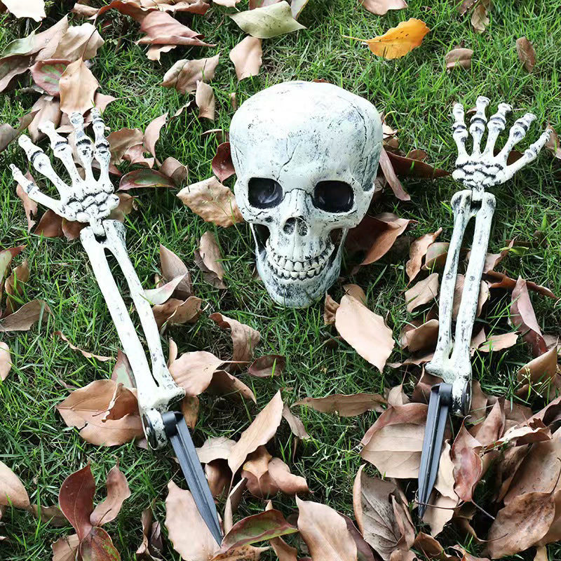 Realistic Halloween skeleton stakes with skull, hands, and arms for outdoor lawn, garden, or party decoration.