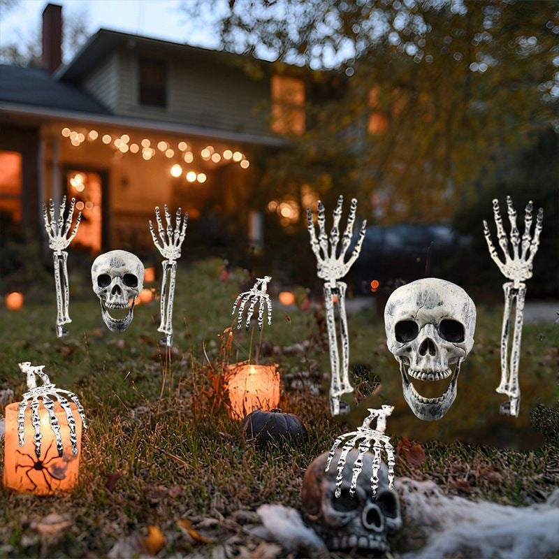 Realistic Halloween skeleton stakes with skull, hands, and arms for lawn and garden decoration by eprolo