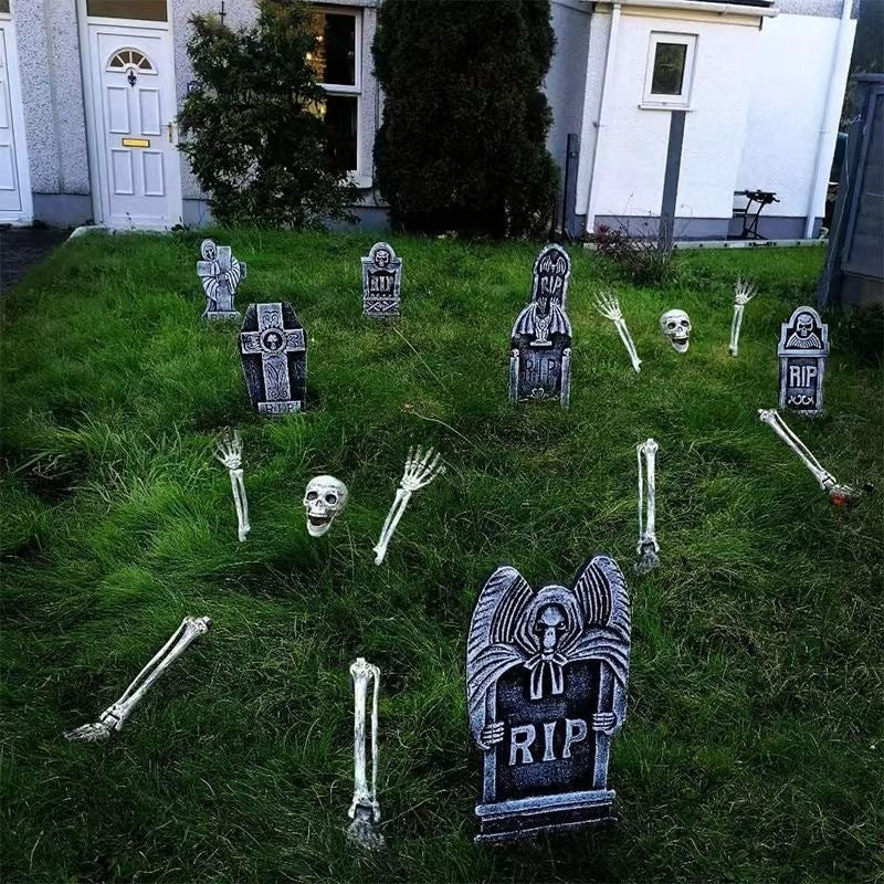 Realistic Halloween skeleton stakes with skull, head, and hands for garden, lawn, or party decoration by eprolo.