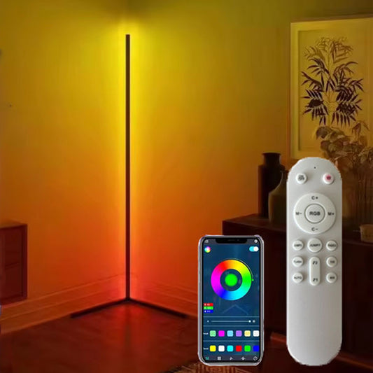 Eprolo RGB floor-mounted lamp post with remote control and app for customizable lighting, standing on a modern interior floor.