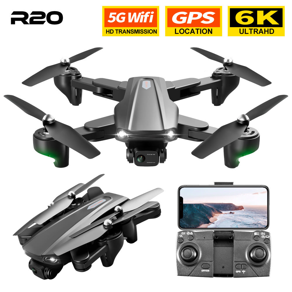 eprolo R20 cross-border drone with dual 4K cameras, GPS, optical flow, and return-to-home in flight over scenic landscape