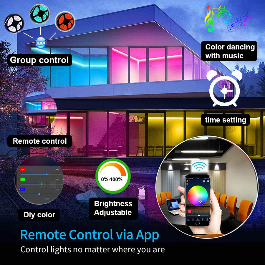 Eprolo WiFi Smart LED strip light with Bluetooth RGB waterproof 5050 flexible light strip, colorful lighting in a home setting.
