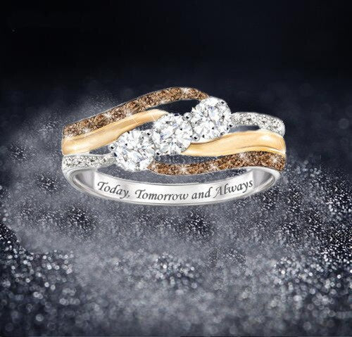 Elegant women's wedding ring set featuring personalized letter designs and crystal accents in a two-tone style by eprolo.