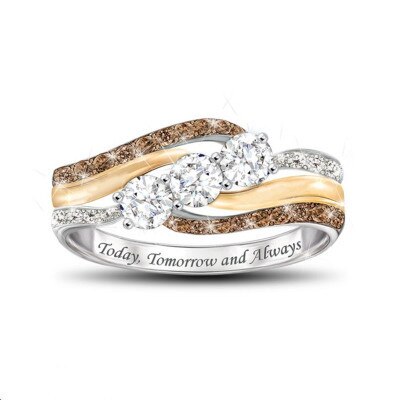 Elegant women's wedding ring with personalized letter design and crystal accents in two-tone style by eprolo.