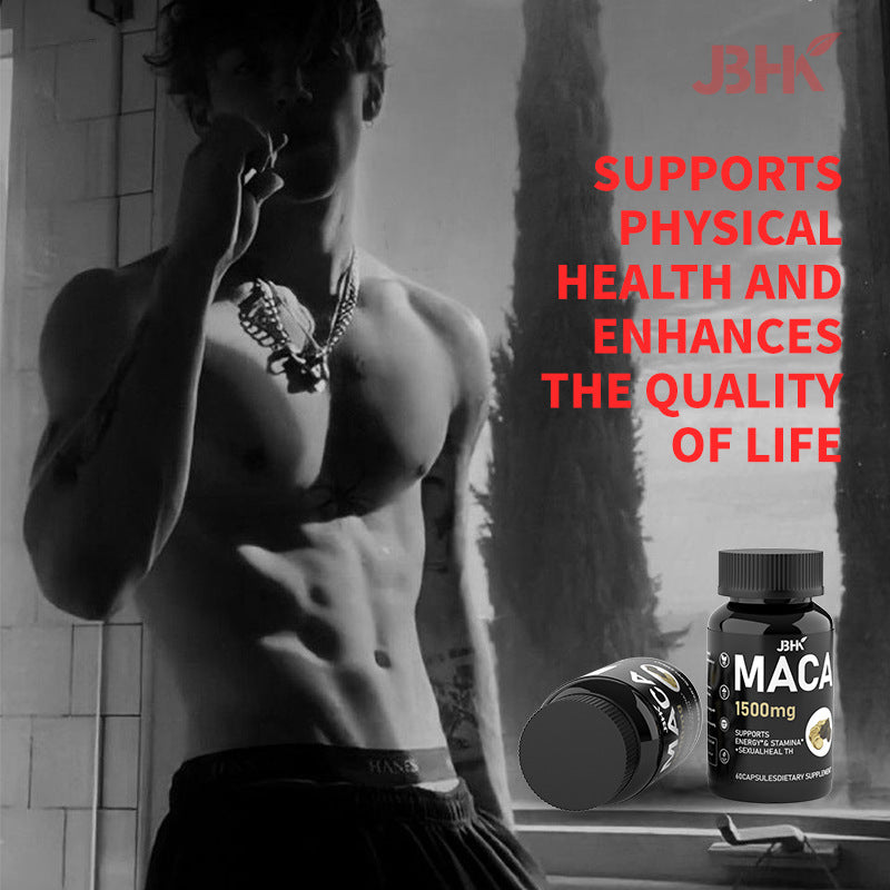 Eprolo Maca Capsule male dietary supplement bottle with six capsules, promoting male health and nourishment.