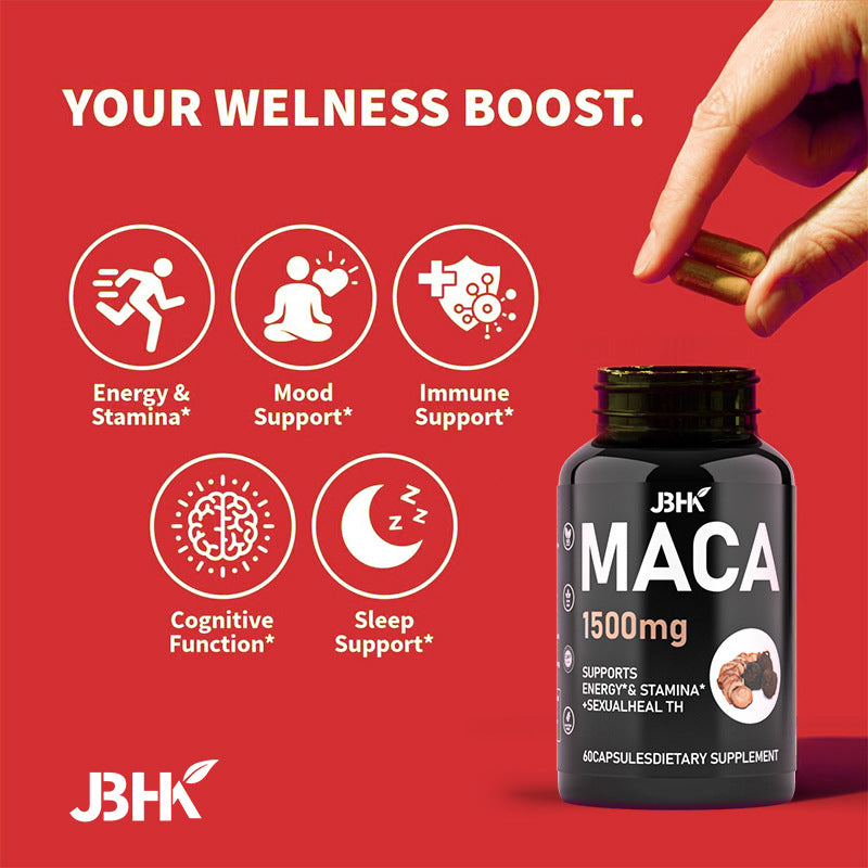 eprolo Maca capsule dietary supplement bottle with capsules, used for male nourishment and energy support.