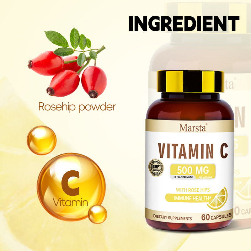 Eprolo Vitamin C capsules in a white bottle with orange label, showing the capsule contents and packaging.