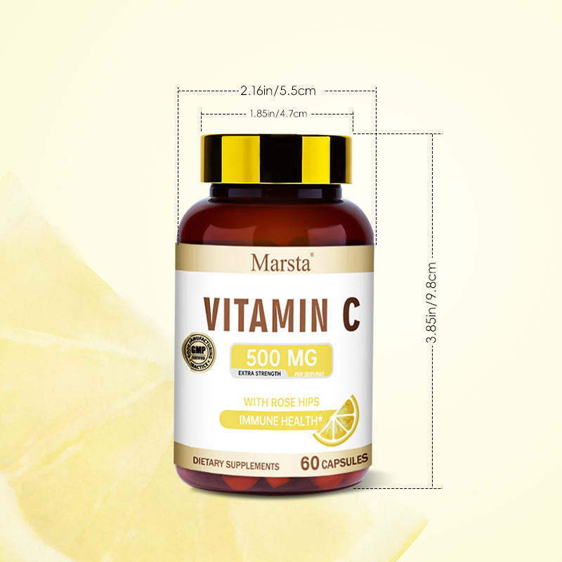 Eprolo Vitamin C capsules in a clear bottle, showing orange-colored tablets inside, on a neutral background.