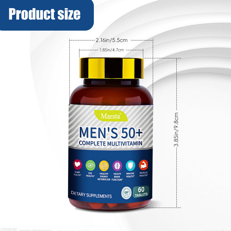 Eprolo men's multivitamin tablets for 50+ with essential vitamins and minerals in a white bottle, designed for men's health support.