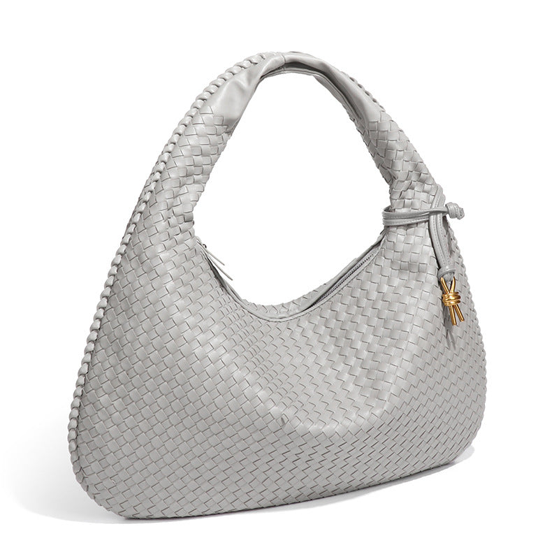Eprolo crescent-shaped women's hand-woven dumpling bag with a single shoulder strap, stylish and unique fashion accessory.