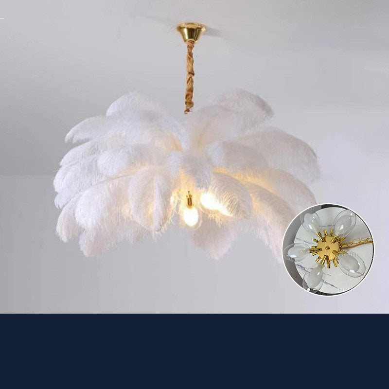 Modern eprolo feather pendant lamp hanging in a living room, providing soft ambient light with a sleek, simple design.