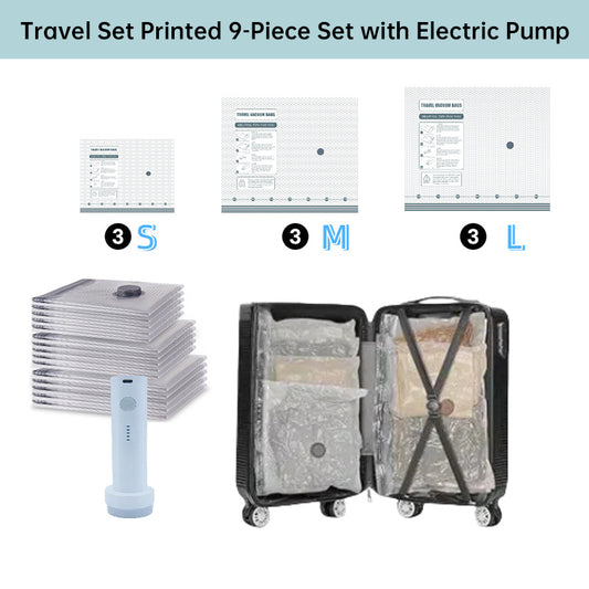 Six rechargeable wireless travel vacuum storage bags by eprolo, showing portable bags for clothes and blankets with pumps.