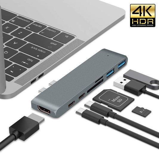 eprolo 7-in-1 Dual Type-C to HDMI USB 3.0 hub converter with multiple ports and sleek design for connecting devices