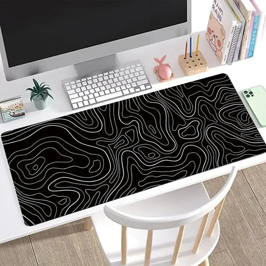 Large black and white eprolo gaming mouse pad with topographic design, anti-slip base, suitable for keyboard and mouse.