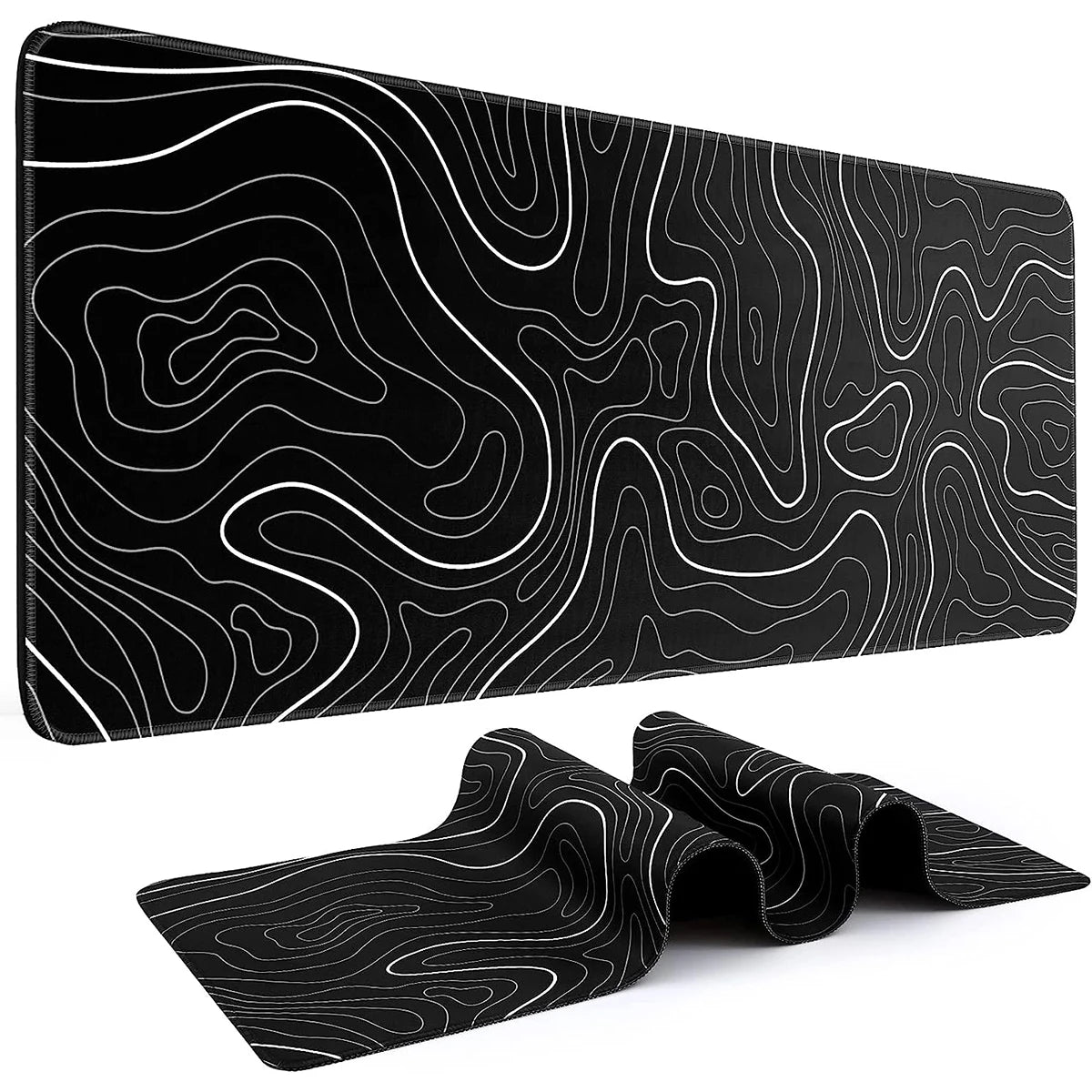 Large black and white Eprolo gaming mouse pad with topographic pattern, 31.5 x 11.8 inches, anti-slip base for keyboard and mouse.