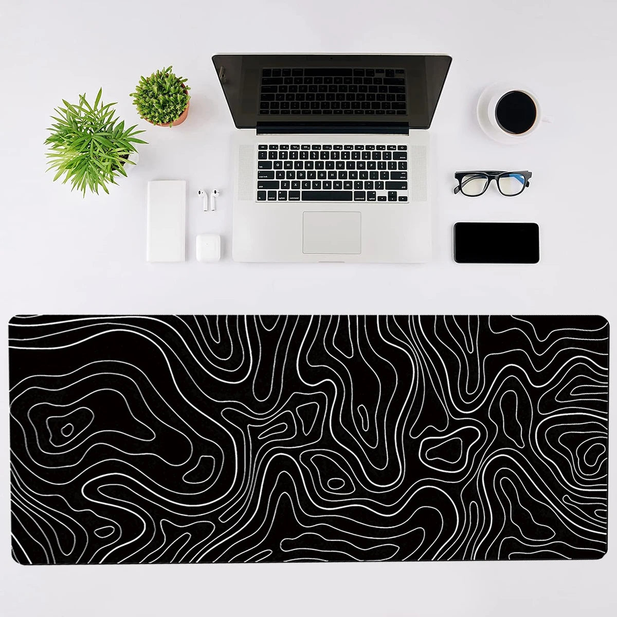 Large eprolo gaming mouse pad with topographic black and white design, 31.5 x 11.8 inches, anti-slip base for keyboard and mouse.