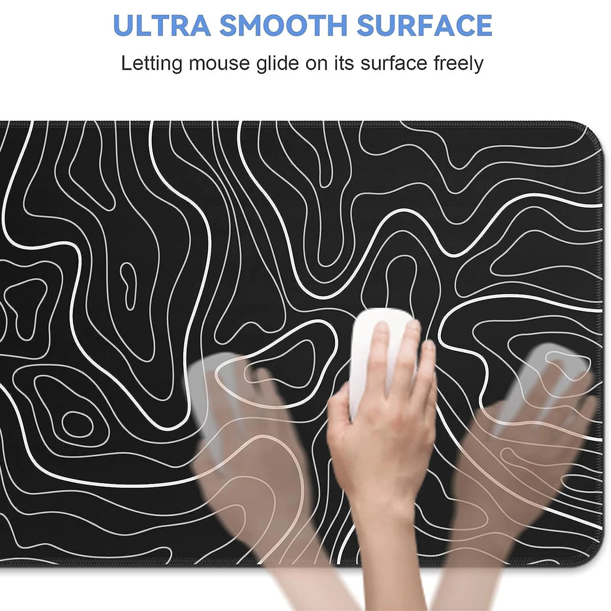 Large black and white gaming mouse pad by eprolo, 31.5 x 11.8 inches, with topographic design and anti-slip bottom for keyboard and mouse.