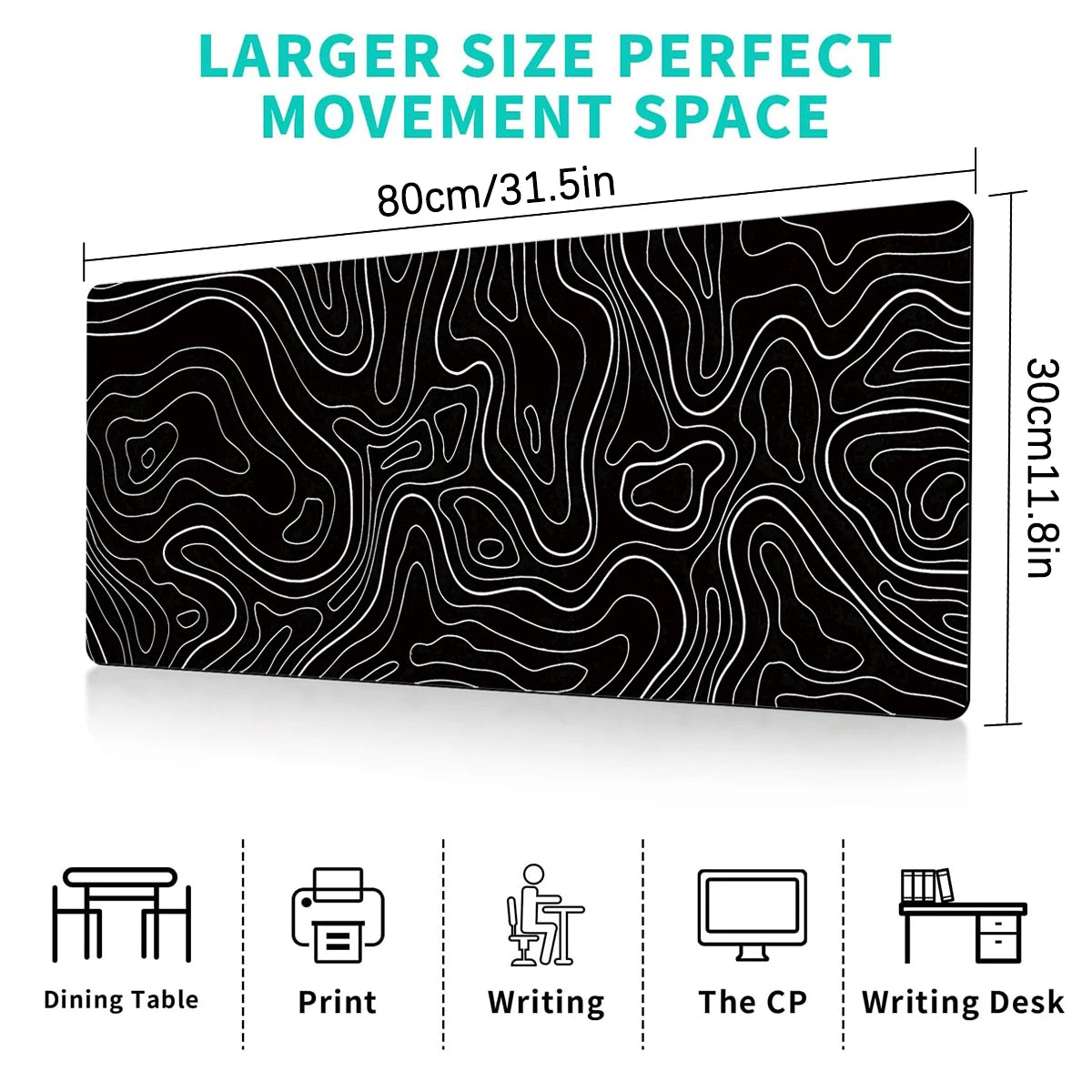Large black and white eprolo gaming mouse pad with topographic design, anti-slip base, measuring 31.5 x 11.8 inches for keyboard and mouse.