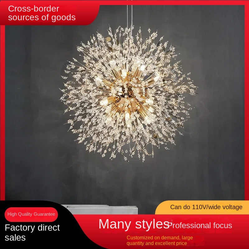Eprolo Nordic Creative Dandelion chandelier hanging in a modern bedroom or living room, featuring a luxurious design with multiple light bulbs.