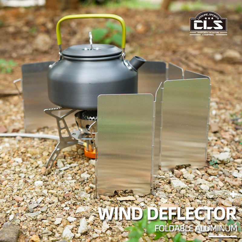Portable outdoor aluminum alloy windshield and stove head set for camping, includes 9-piece folding mini picnic camping equipment.